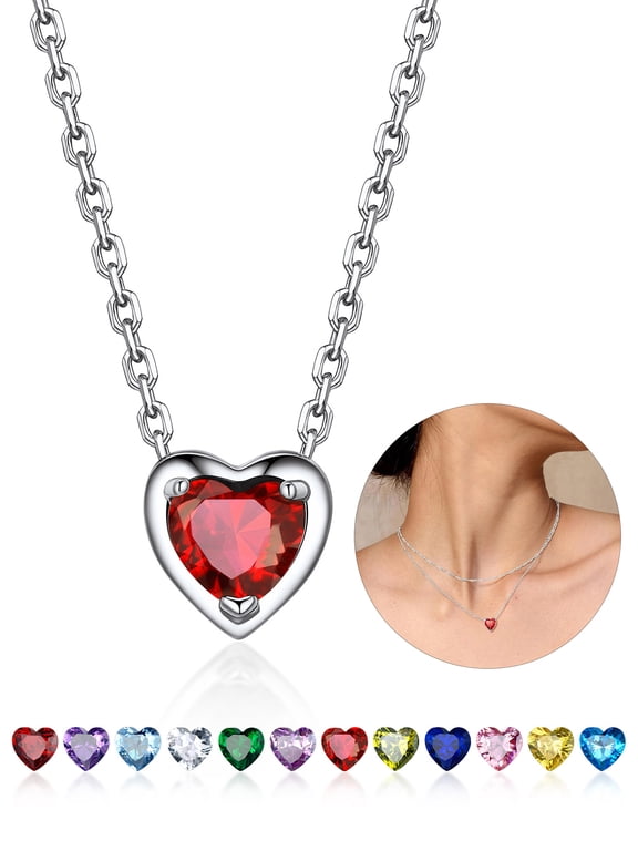 Silver Necklace for Women 925 Sterling Silver Birthstone Love Heart Necklace