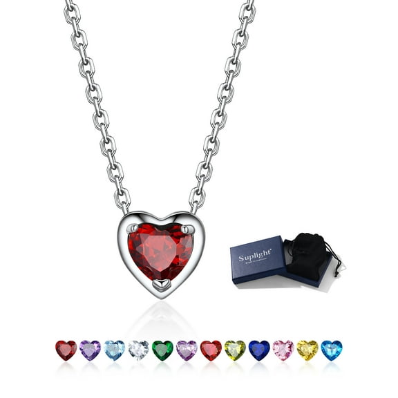 Suplight Silver Necklace for Women 925 Sterling Silver Birthstone Love Heart Necklace
