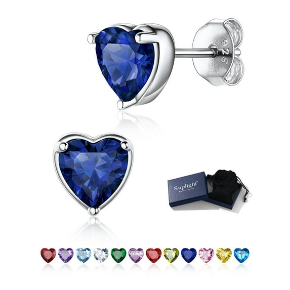Suplight Silver Earrings for Women 925 Sterling Silver Heart Birthstone Stud Earrings Birthday Jewelry Gift