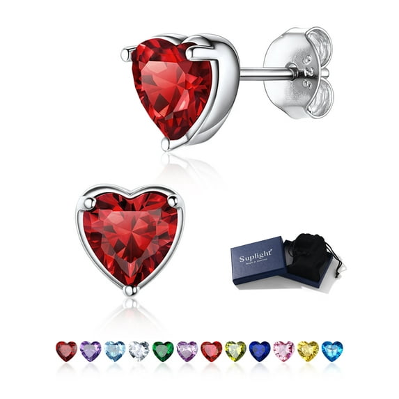 Suplight Silver Earrings for Women 925 Sterling Silver Heart Birthstone Stud Earrings Birthday Jewelry Gift