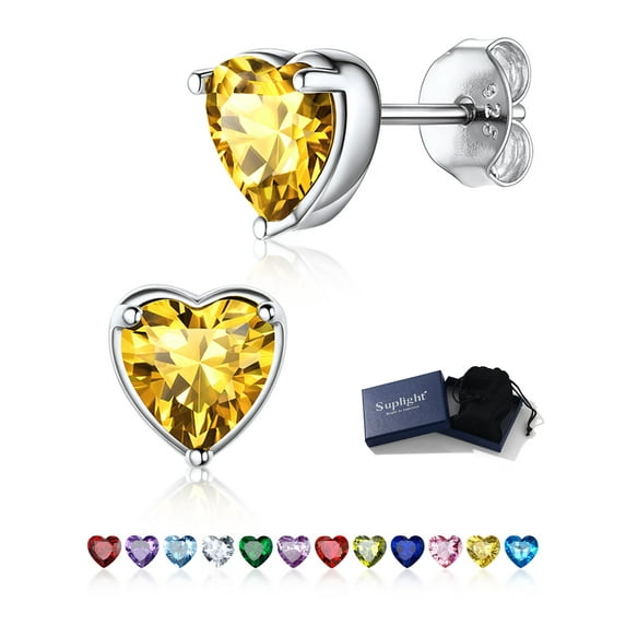 Suplight Silver Earrings for Women 925 Sterling Silver Heart Birthstone Stud Earrings Birthday Jewelry Gift