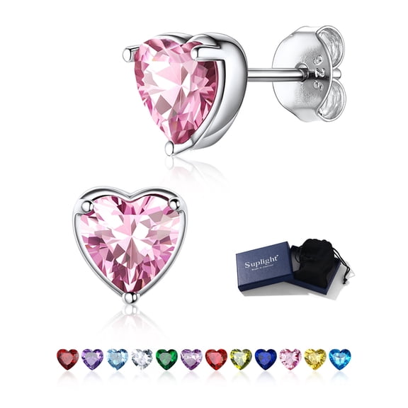 Suplight Silver Earrings for Women 925 Sterling Silver Heart Birthstone Stud Earrings Birthday Jewelry Gift
