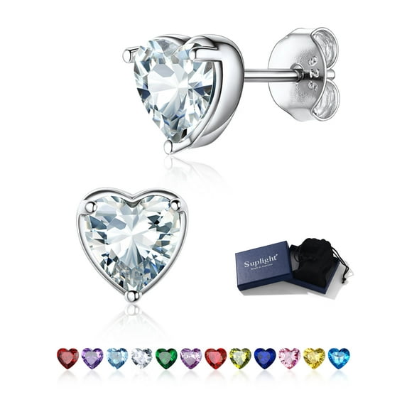 Suplight Silver Earrings for Women 925 Sterling Silver Heart Birthstone Stud Earrings Birthday Jewelry Gift
