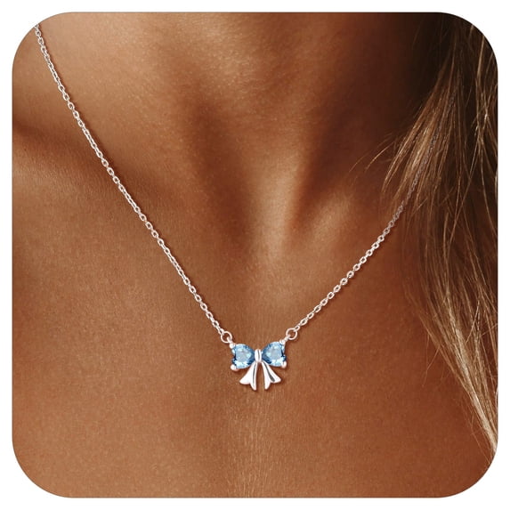 Suplight Women Bow Necklace 316L Stainless Steel Bowknot Birthstone Necklace Valentine's Day Gift