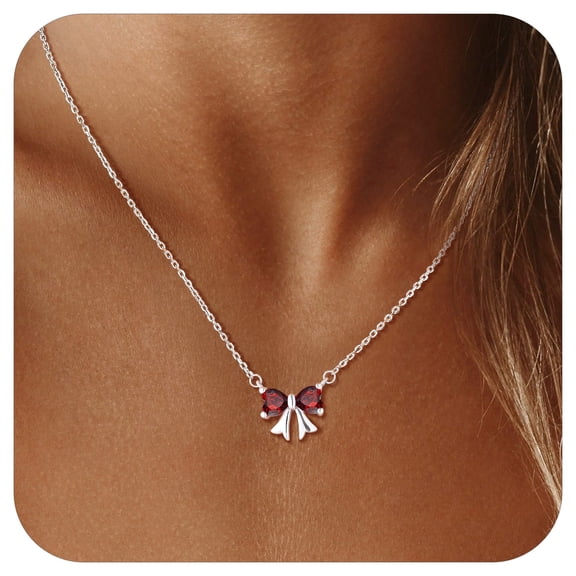 Suplight Women Bow Necklace 316L Stainless Steel Bowknot Birthstone Necklace Valentine's Day Gift