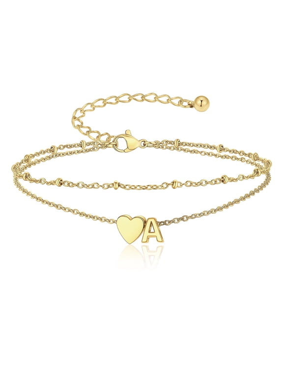 Women Anklet Initial A Heart 316L Stainless Steel Double Layered Summer Anklet for Women