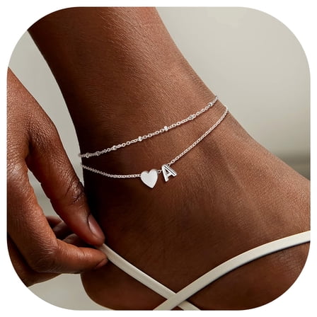 Suplight Women Anklet Initial A Heart 316L Stainless Steel Double Layered Summer Anklet for Women