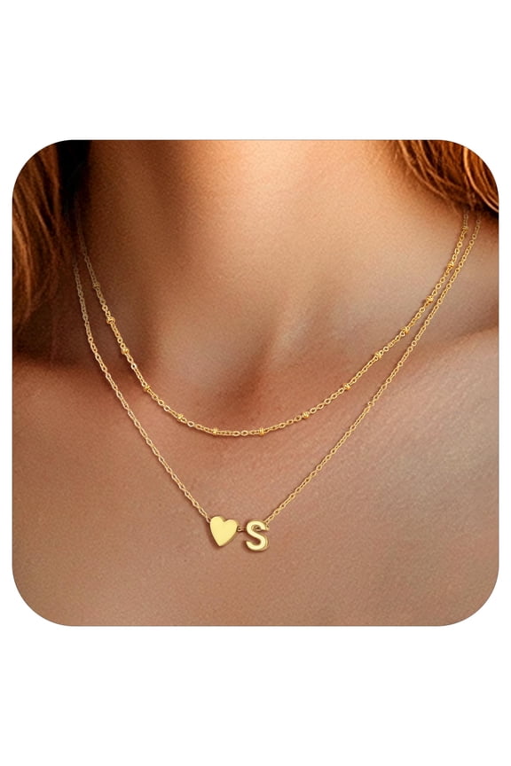 Women Necklace Initial S Heart Choker 316L Stainless Steel Double Layered Chain for Women