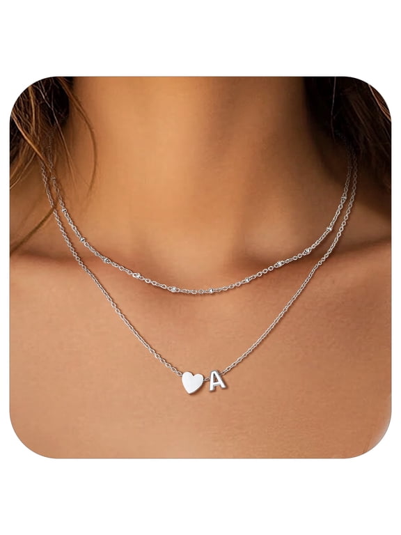 Women Necklace Initial A Heart Choker 316L Stainless Steel Double Layered Chain for Women