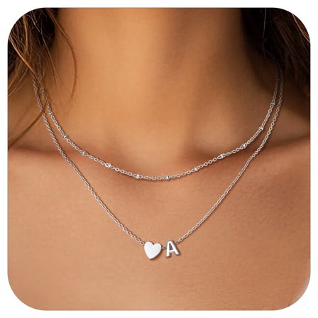 Suplight Women Necklace Initial A Heart Choker 316L Stainless Steel Double Layered Chain for Women
