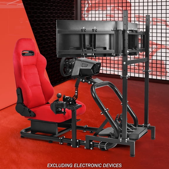 Supllueer 50MM Adjustable Racing Cockpit with Red Suede Seat and Triple-Screen Monitor Stand Fit for Logitech G29 G920 for Fanatec Adjustable Racing Wheel Stand Without Steering Wheel Pedal Shifter