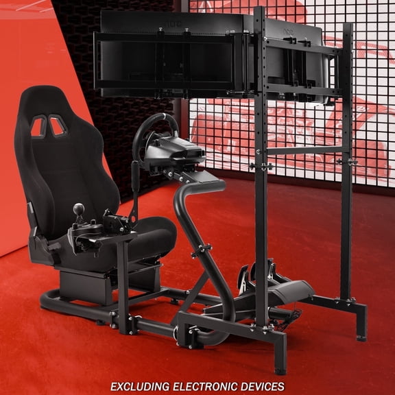 Supllueer Racing Sim Cockpit with Triple Monitor & Black Seat - Fit PC/PlayStation/Xbox, Compatible with Logitech G29/G923, Thrustmaster T300, Fanatec