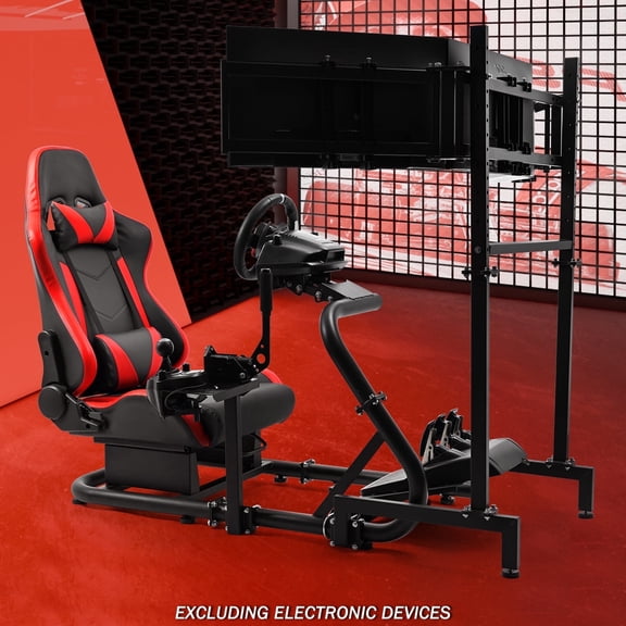 Supllueer Racing Simulator Cockpit With Triple Monitor Stand & Red Seat Fit Logitech G29 G923 G920 Thrustmaster T300 Fanatec.Excluding electronic devices