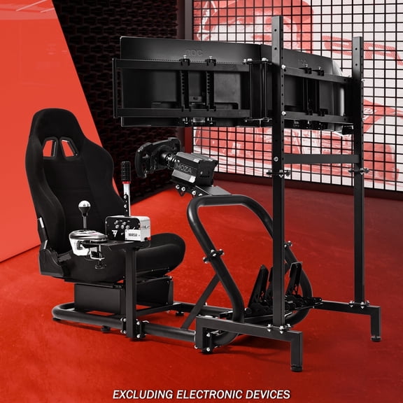 Supllueer Racing Simulator Cockpit With Black Seat & Triple Monitor Stand Fit for Logitech G923 G920 G29 Thrustmaster.Excluding electronic devices