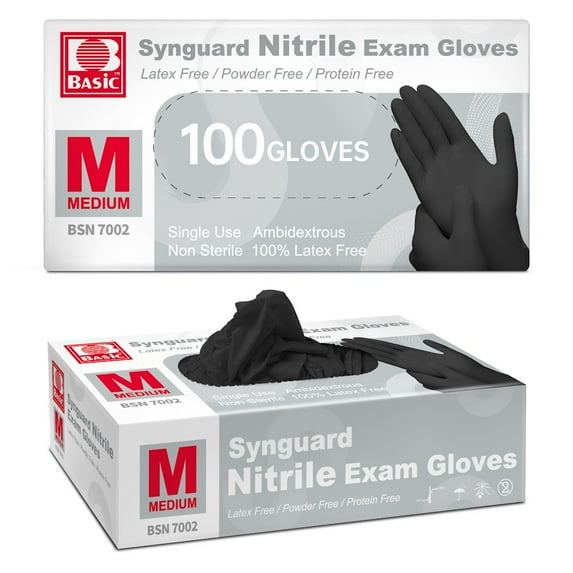Supmedic Basic Medical Nitrile Exam Gloves, 4 mil Powder-Free Non-Sterile Food-Safe Cleaning Disposable Glove, Black 100Pcs (Medium)