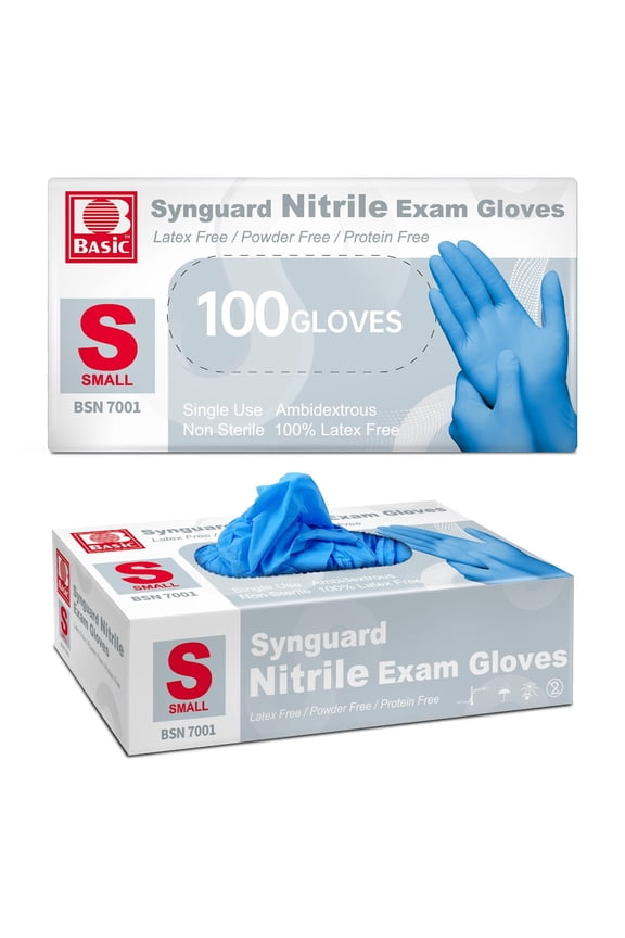 Basic Medical Nitrile Exam Gloves, Powder-Free Non-Sterile Food-Safe Cleaning Disposable Glove, Blue 100Pcs (Small)