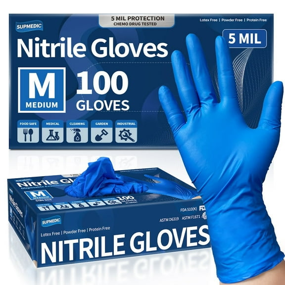 Supmedic Blue Nitrile Exam Gloves, 5 mil Powder-Free Latex-Free Food Safe Disposable Medical Glove 100 Pcs (Medium)