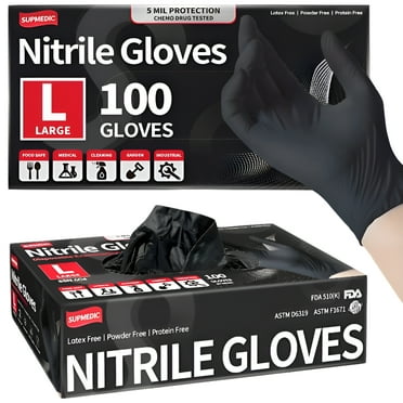 Supmedic Latex Free Nitrile Disposable Gloves, Large, Black, 100 Count