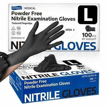 Supmedic Nitrile Exam Gloves, 3.5 mil Black Disposable Medical Glove Powder-Free Latex-Free Food Safe, 100 Pcs (Large)