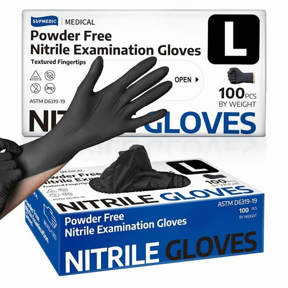 Supmedic Nitrile Exam Gloves, 3.5 mil Black Disposable Medical Glove Powder-Free Latex-Free Food Safe, 100 Pcs (Large)