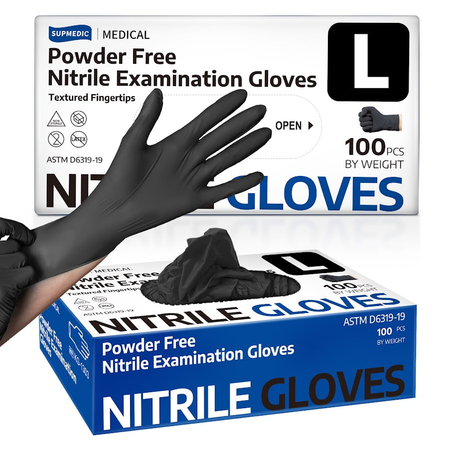 Supmedic Nitrile Exam Gloves, 3.5 mil Black Disposable Medical Glove Powder-Free Latex-Free Food Safe, 100 Pcs (Large)
