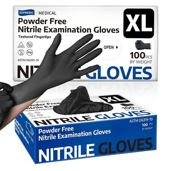 Supmedic Nitrile Exam Gloves, 3.5 mil Black Disposable Medical Glove Powder-Free Latex-Free Food Safe, 100 Pcs (X-Large)