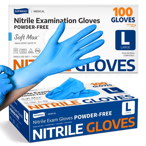 Supmedic Nitrile Exam Gloves, 3.5 mil Blue Disposable Medical Glove Powder-Free Latex-Free Food Safe, 100 Pcs (Large)