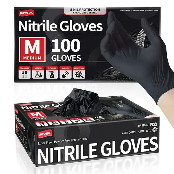 Supmedic Powder Free Nitrile Disposable Gloves Medium, Black, 100 Count