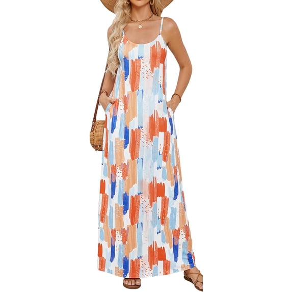 Supnier Women's Summer Maxi Dress Casual V-Neck Sleeveless Bohemian Spaghetti Strap Floral Long Maxi Dress with Pockets