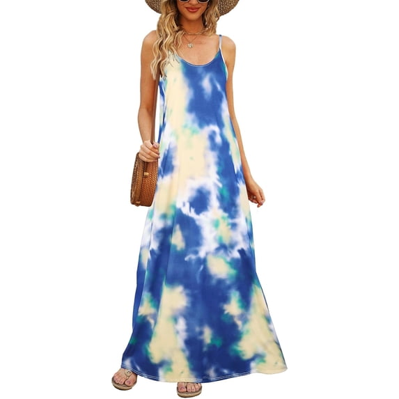 Supnier Women's Summer Maxi Dress Casual V-Neck Sleeveless Bohemian Spaghetti Strap Floral Long Maxi Dress with Pockets