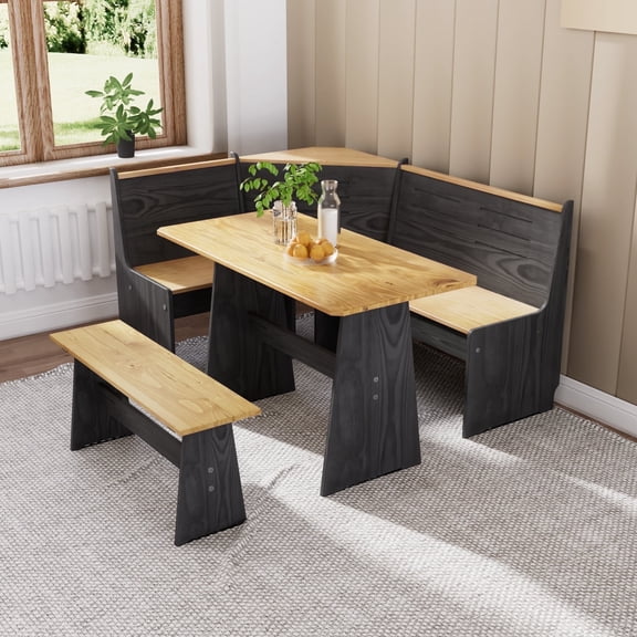 SupperEver Breakfast Nook Kitchen Corner Dining Table Set, Nook Table Dining Room Sets for 3-5 with Bench, Farmhouse Corner Banquette Seating, Black/Oak