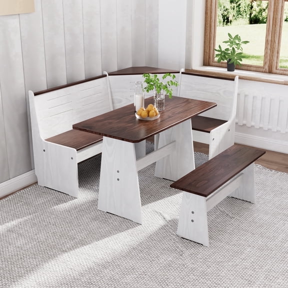 SupperEver Breakfast Nook Kitchen Corner Dining Table Set, Nook Table Dining Room Sets for 3-5 with Bench, Farmhouse Corner Banquette Seating, White/Brown
