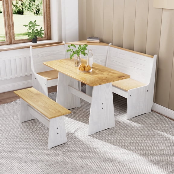 SupperEver Breakfast Nook Kitchen Corner Dining Table Set, Nook Table Dining Room Sets for 3-5 with Bench, Farmhouse Corner Banquette Seating, White/Nature