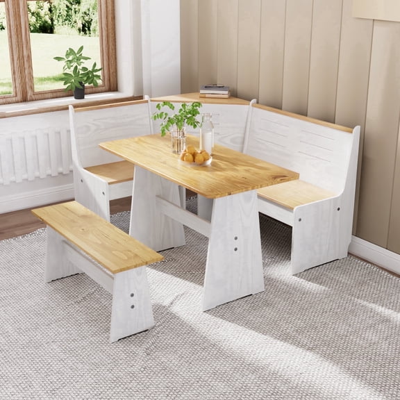 SupperEver Dining Table Set for 3-5, Modern Wooden Kitchen Table for Small Space Apartment, L-shaped Dining Room Table, Space Saving Family Table for Kitchen, Office, Living Room,White/Nature
