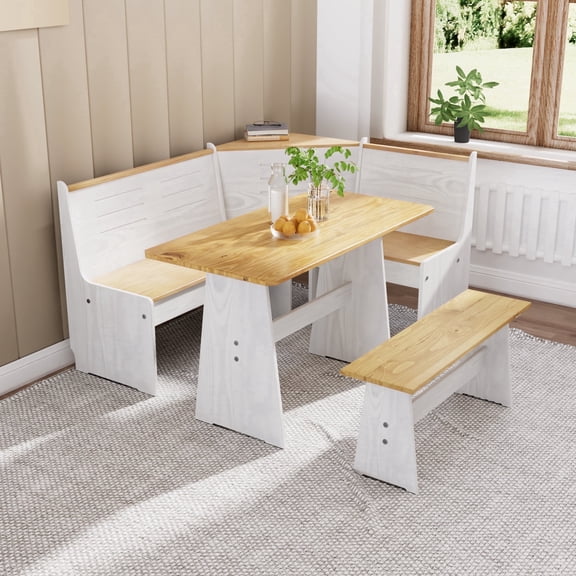 SupperEver Breakfast Nook Kitchen Corner Dining Table Set, Nook Table Dining Room Sets for 3-5 with Bench, Farmhouse Corner Banquette Seating, White/Nature