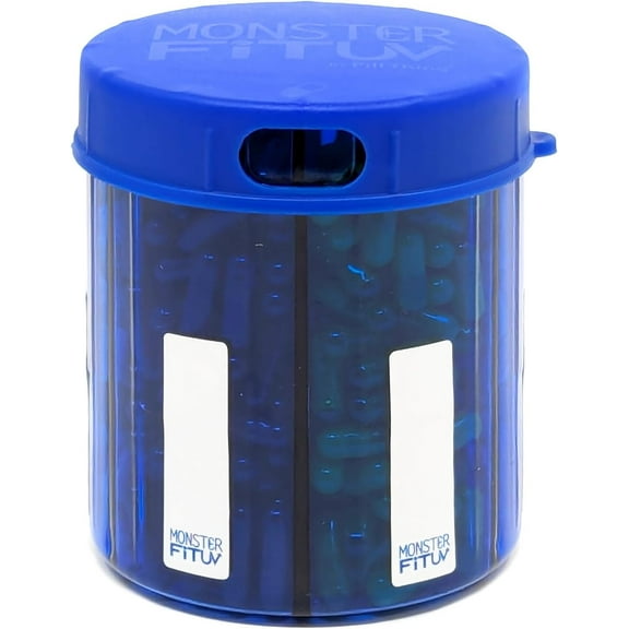 Pill Thing Daily UV Medicine Organizer, 6-Compartment Pill Dispenser Bottle, Cobalt Blue, Monster Fit Jr, Small