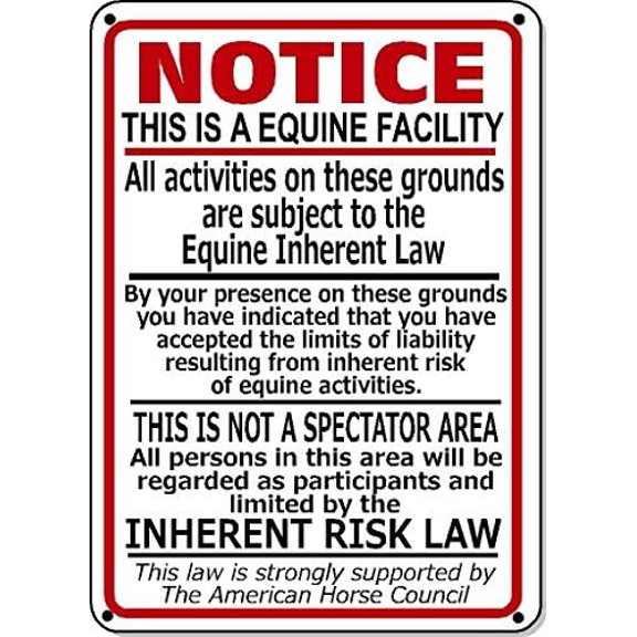Supplemental Equine Liability Tin Sign Warning Statute Horse Barn Stable 12"x8"