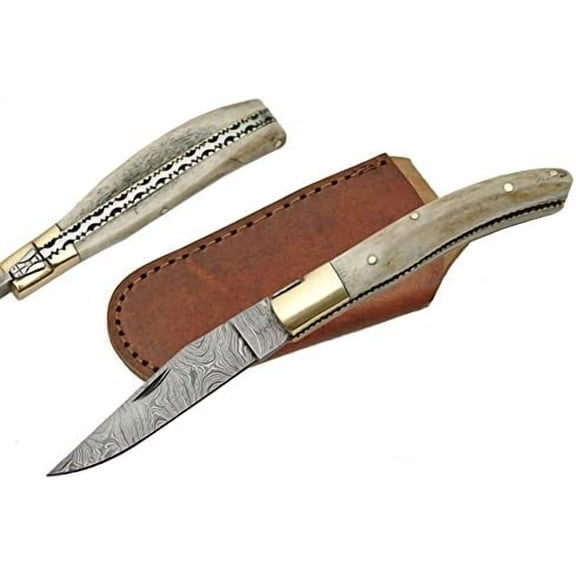 Supplies Damascus Steel Stag Handle Folding Knife$$Other