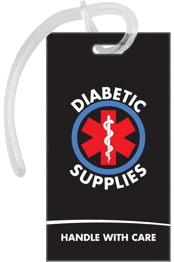 Supplies ID Luggage Tag | Black | Alert | Insulin Equipment | Handle with Care | Bag Tag | Luggage
