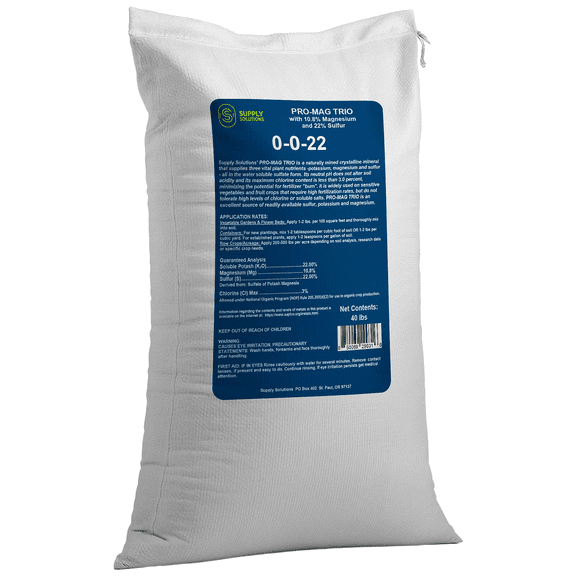 Supply Solutions | 0-0-22 Pro-Mag Trio - High Potassium, Magnesium & Sulfur Fertilizer for Lawns, Turf, Palm & Fruit Trees - Water-Soluble Plant Food for Stronger Growth & Higher Yields - 40lbs