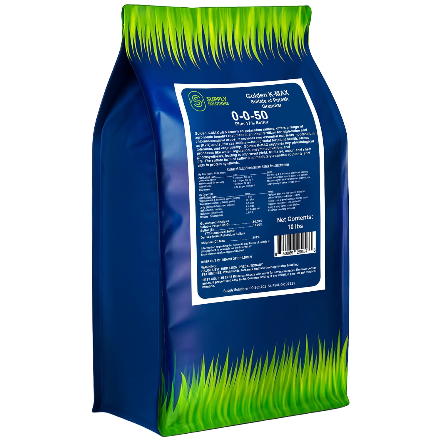 Supply Solutions | 0-0-50 Plus 17% Sulfur | Golden K-Max Sulfate of Potash (SOP) - Granular Fertilizer | High Potassium Plant Fertilizer for Indoor and Outdoor Garden - Stronger Roots - 10lbs
