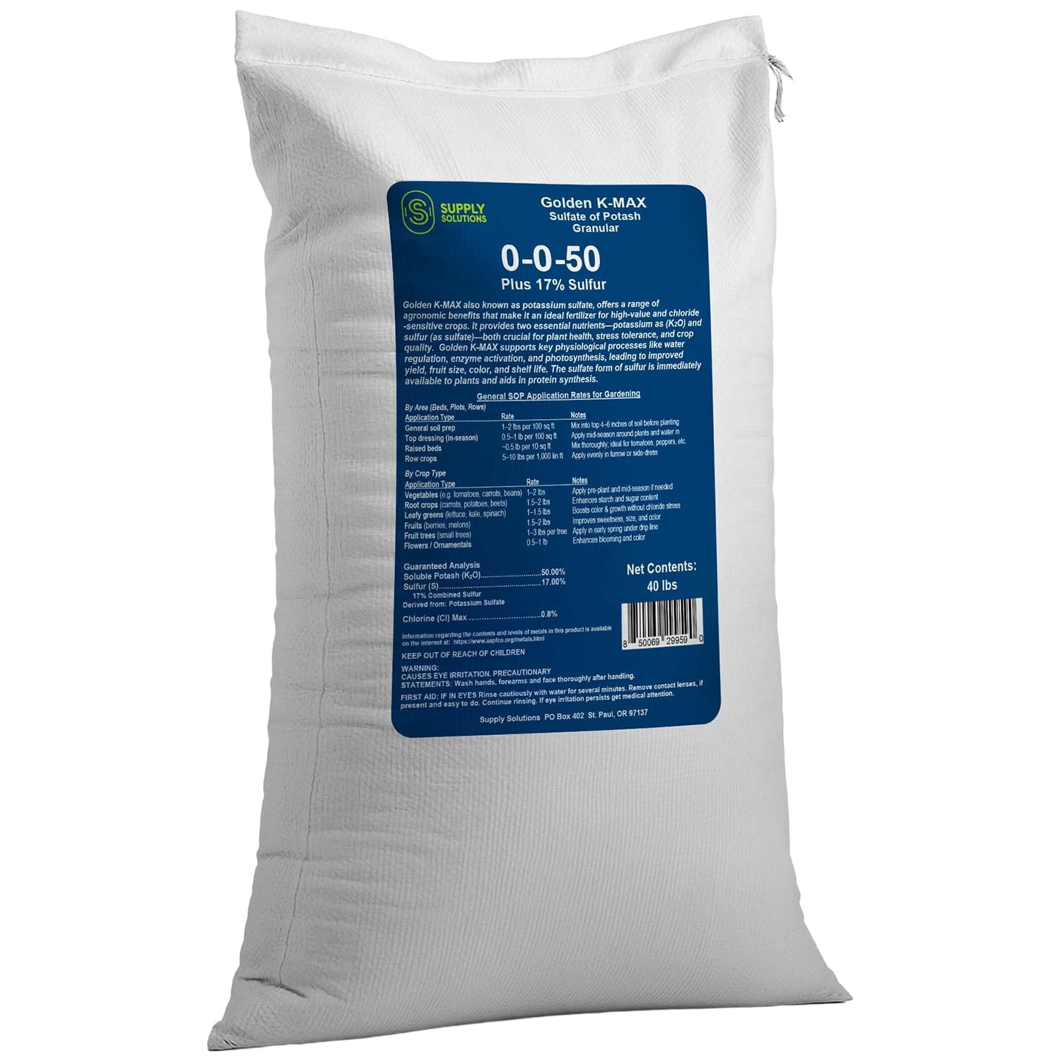 Supply Solutions | 0-0-50 Plus 17% Sulfur | Golden K-Max Sulfate of Potash (SOP) - Granular Fertilizer | High Potassium Plant Fertilizer for Indoor and Outdoor Garden - Stronger Roots - 40lbs