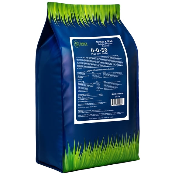 Supply Solutions | 0-0-50 Plus 17% Sulfur | Golden K-Max Sulfate of Potash (SOP) - Granular Fertilizer | High Potassium Plant Fertilizer for Indoor and Outdoor Garden - Stronger Roots - 25lbs