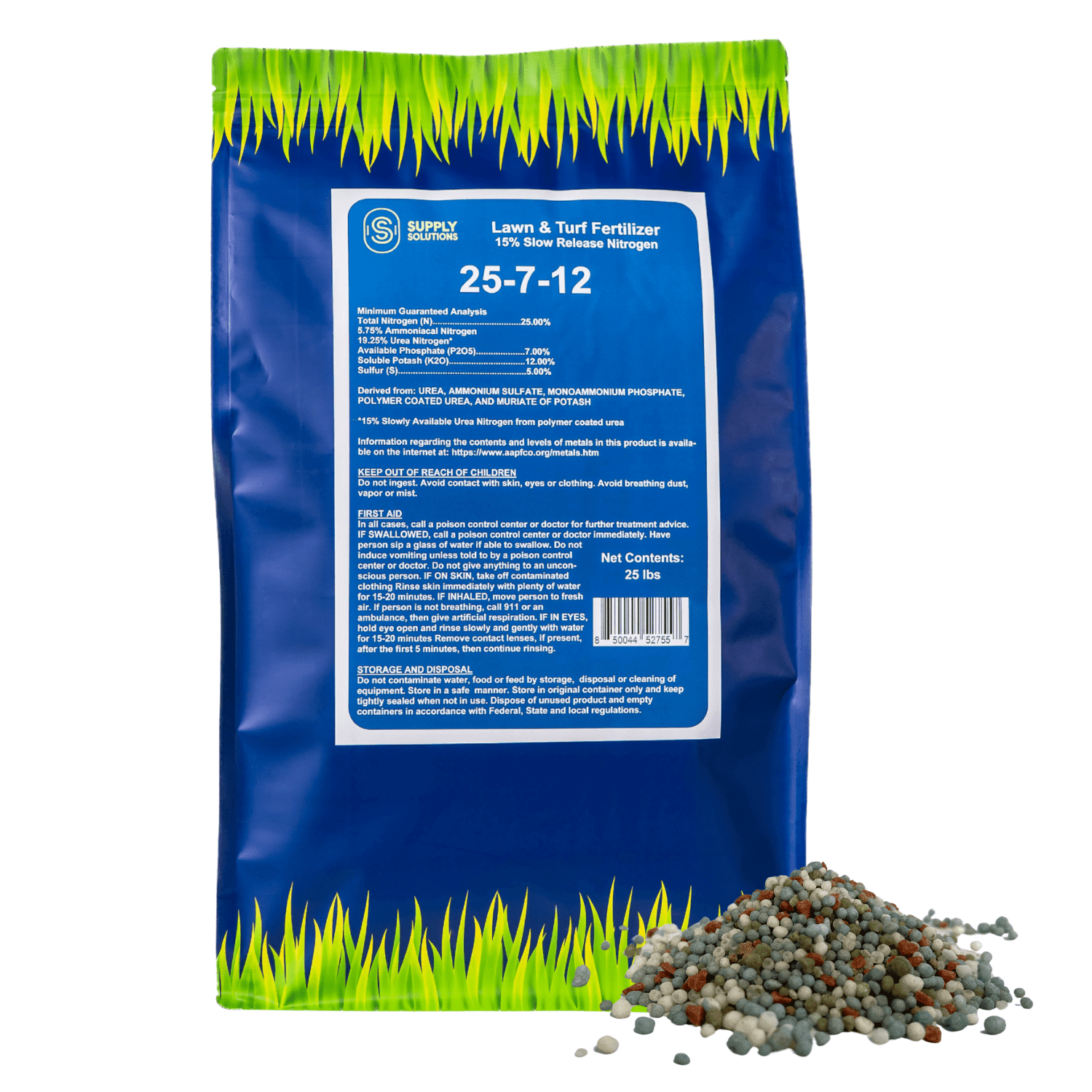 Supply Solutions 25-7-12 Lawn and Turf Fertilizer 15% Slow Release Nitrogen - Supply Nutrients for Lawn Grass and Garden Plants for Greener Look (25lbs)