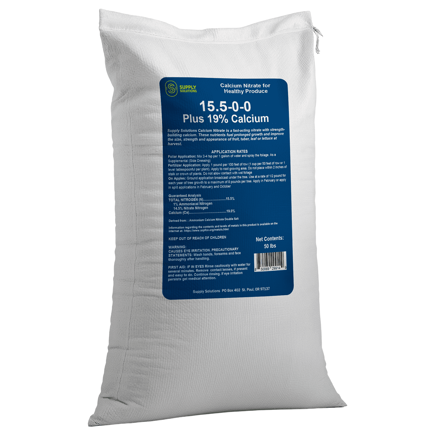 Supply Solutions Calcium Nitrate 15.5-0-0 + 19% Ca | Fast-Acting Water Soluble Fertilizer Prevents Blossom End Rot - Boosts Growth & Yield for Vegetables, Fruit, Gardens & Hydroponics (50 Pounds)