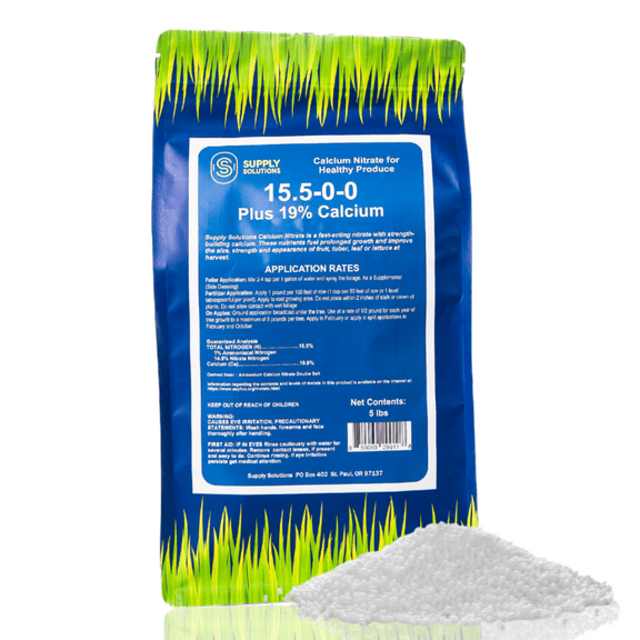 Supply Solutions Calcium Nitrate 15.5-0-0 + 19% Ca | Fast-Acting Water Soluble Fertilizer Prevents Blossom End Rot - Boosts Growth & Yield for Vegetables, Fruit, Gardens & Hydroponics (5 Pounds)