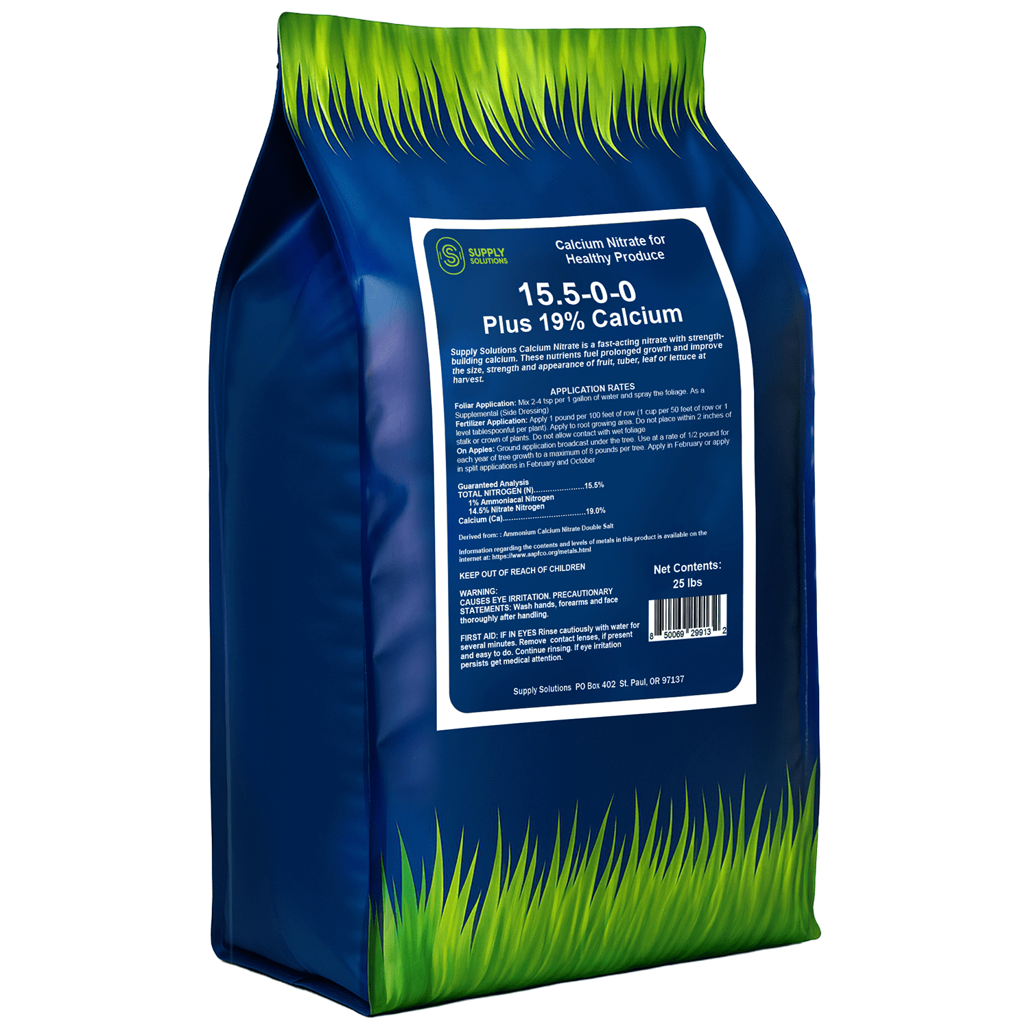 Supply Solutions Calcium Nitrate 15.5-0-0 + 19% Ca | Fast-Acting Water Soluble Fertilizer Prevents Blossom End Rot - Boosts Growth & Yield for Vegetables, Fruit, Gardens & Hydroponics (25 Pounds)