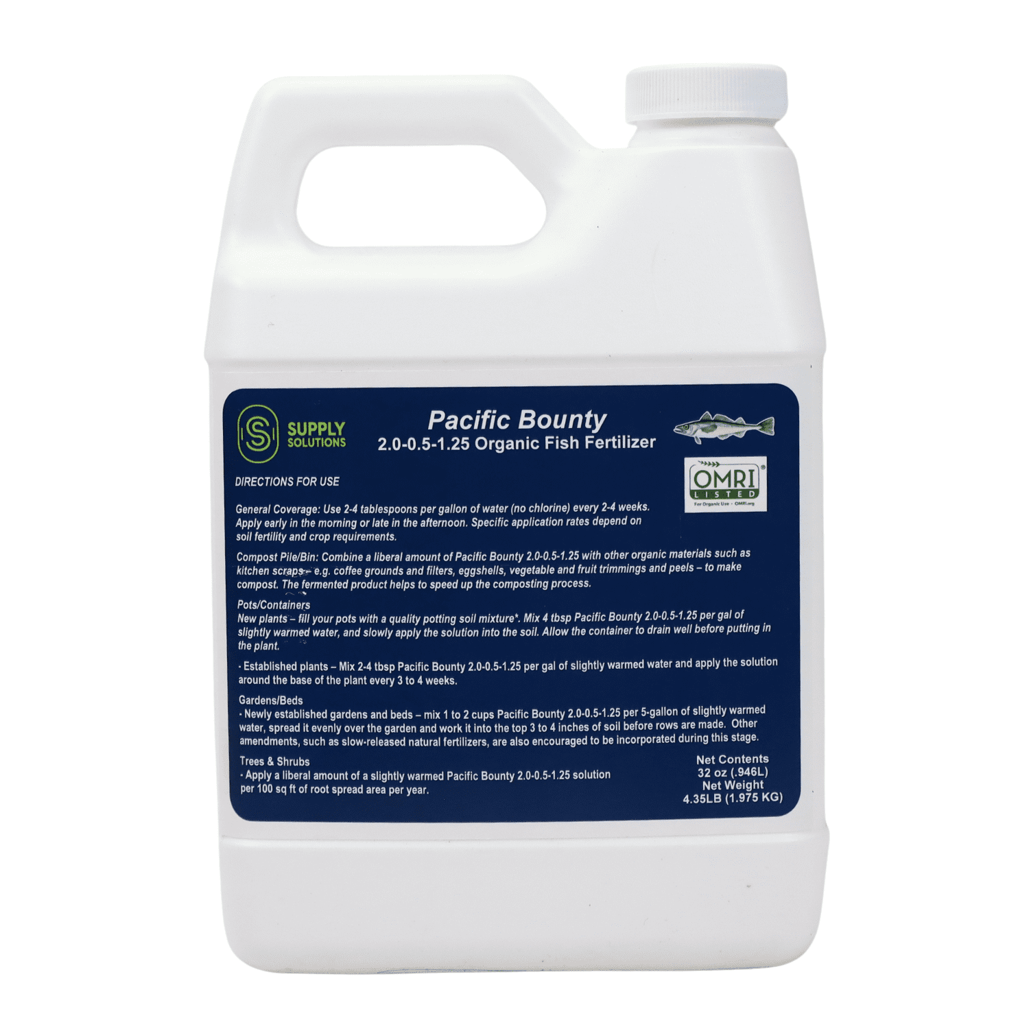 Supply Solutions OMRI Listed Fish Fertilizer for Plants - Organic Fertilizer for Fruits, Trees, Lawns, Shrubs, Flowers, Seeds - Non-GMO (32 Oz)
