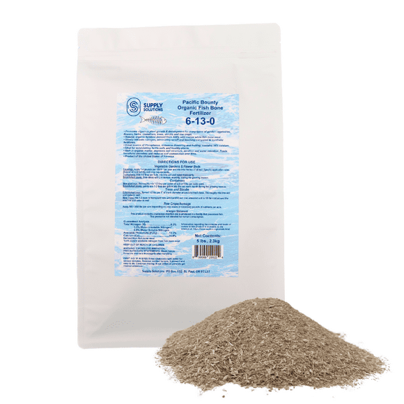 Supply Solutions Pacific Bounty Organic Fish Bone Meal Fertilizer 6-13-0 - Plus 14% Calcium for Plants Root Development- High Phosphorus Plant Food for Tomatoes, Flowers, Bulbs, Veggies (5lbs)