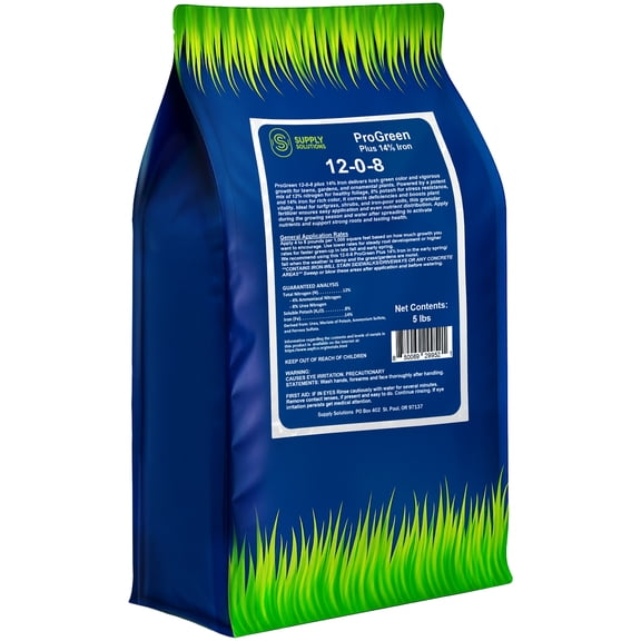 Supply Solutions | ProGreen 12-0-8 Plus 14% Iron | Granular Lawn and Garden Fertilizer - Plant Food Support for Deep Green Color and Stronger Roots - Perfect Spring Boost for Lawns - 5lbs